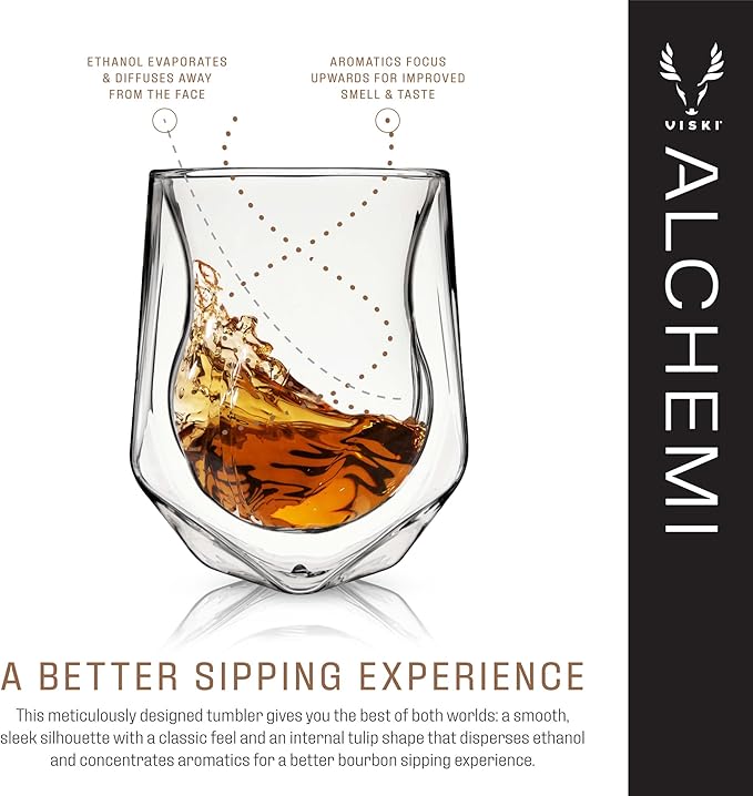 Viski Aerating Whiskey Tumbler, Whiskey Tasting Glass, Double Walled Snifter, Specialty Bourbon Tumbler, Clear Glass, Dishwasher Safe, 6 Oz, Set of 1