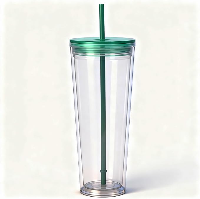 24oz Tumbler with Lid and Straw, Leak Proof and Double Wall Insulated Reusable Plastic Cups,Travel Reusable Iced Coffee Cup (1, Green)