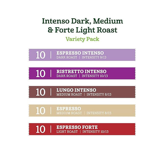 Amazon Fresh Intenso Dark, Medium & Forte Light Roast Aluminum Capsules, Variety Pack, Compatible with Nespresso Original Brewers, 50 Count (5 Packs of 10)