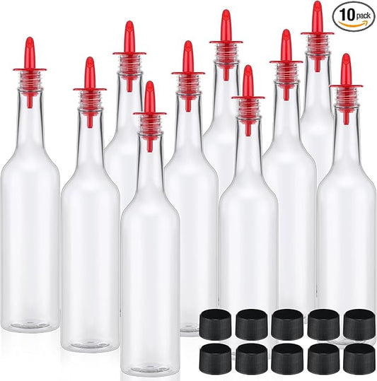 Tioncy 10 Sets 15oz Plastic Liquor Bottles with Pourers Sets 10 Plastic Long Neck Syrup Bottles with Pourer and Caps Reusable Leakproof for Home Party Bar(Red)