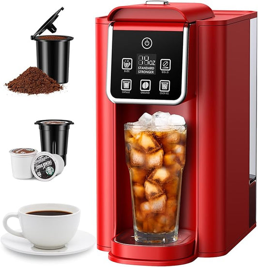 SHARDOR Single Serve Coffee Maker, Hot & Iced Coffee Machine for K Cup and Grounds, 6 to 14 oz Brew Sizes, 50 oz Removable Water Tank, Bold Brew Setting, Pod Coffee Maker with Reusable Filter, Red