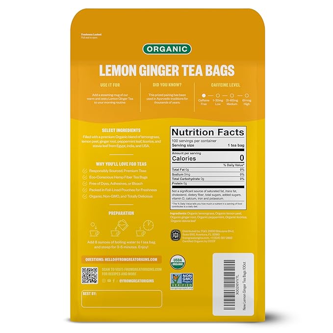 FGO Organic Lemon Ginger Tea, 100 Count, Eco-Conscious Tea Bags, Resealable Bag, Caffeine Free, Packaging May Vary (Pack of 1)