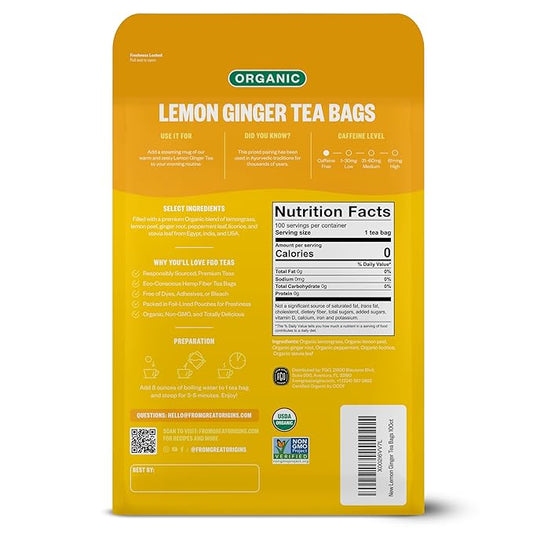 FGO Organic Lemon Ginger Tea, 100 Count, Eco-Conscious Tea Bags, Resealable Bag, Caffeine Free, Packaging May Vary (Pack of 1)