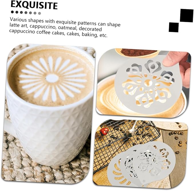 6 Pcs Stainless Steel Coffee Stencils Latte Art Templates for Cappuccino Milk Spray Tools DIY Coffee Decorating for Cakes Cookies and Desserts