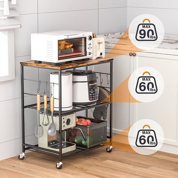 Abiglifty 3-Tier Rolling Kitchen Cart, Microwave Cart with Lockable Wheels, Kitchen Utility Cart, Mobile Microwave Stand with Storage for Living Room, Office, Balcony, Bathroom, Black