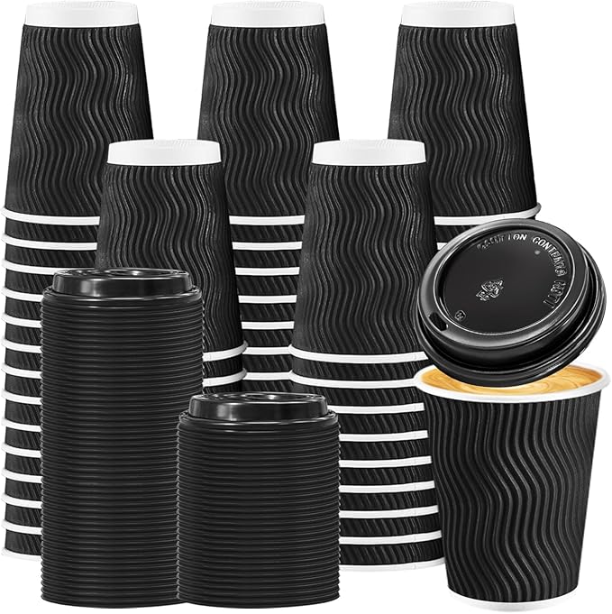 BYSNOW 50 Pack 12 oz Coffee Cups with Lids, Disposable Insulated Hot Cups To Go Paper Coffee Cups, Corrugated Ripple Wall Cup for Hot Drink, Office, Coffee Bar (Black 12 oz)