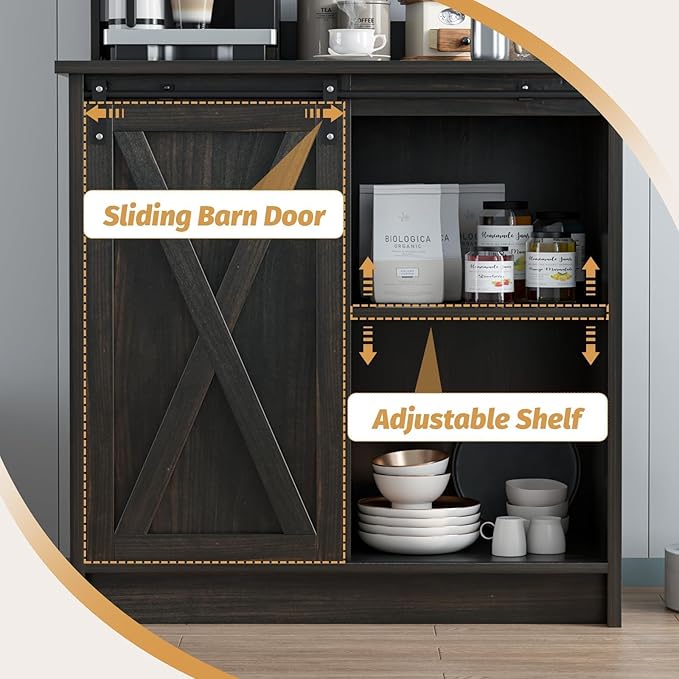 4ever2buy Farmhouse Coffee Bar Cabinet with Hutch, 50 Inch Coffee Bar Hutch with Sliding Barn Door & 6 Hooks for Living Dining Room, Dark Oak | Sliding Barn Door, 6 Hooks