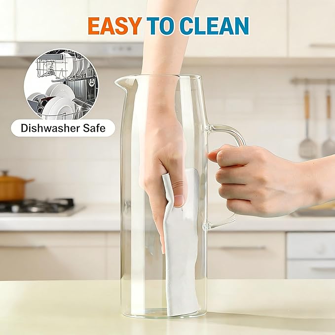 Glass Pitcher with Lid and Handle 50oz/ 1.5L, Hot& Cold Glass Water Pitcher with Silicone Base, Glass Carafe with Lid for Coffee, Juice, Lemonade and Milk