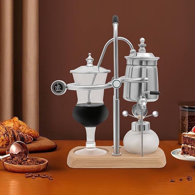 Belgium Royal Family Balance Syphon Siphon Coffee Maker Unique Gravity Vintage Coffee Maker Manual Coffee Machine for Personal Kitchens, Beverage Stores (Silver)