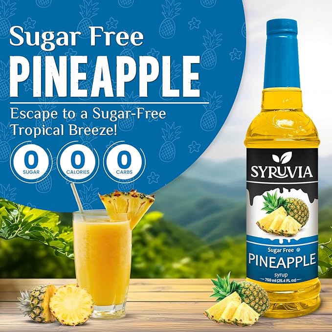 Syruvia Sugar-Free Pineapple Syrup, Flavored Syrup for Drinks, Cocktails, Lemonades, Iced Teas, and Desserts – 25.4 fl oz, With Pump