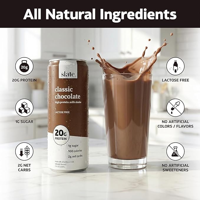 Slate Milk - High Protein Milk Shake - Classic Chocolate - Lactose Free, 20g Protein, 1g Sugar, 100 Calories, 2g Net Carbs, No Added Sugar - Natural, Breakfast Boost, Post Workout - 11 fl oz, 12 Cans