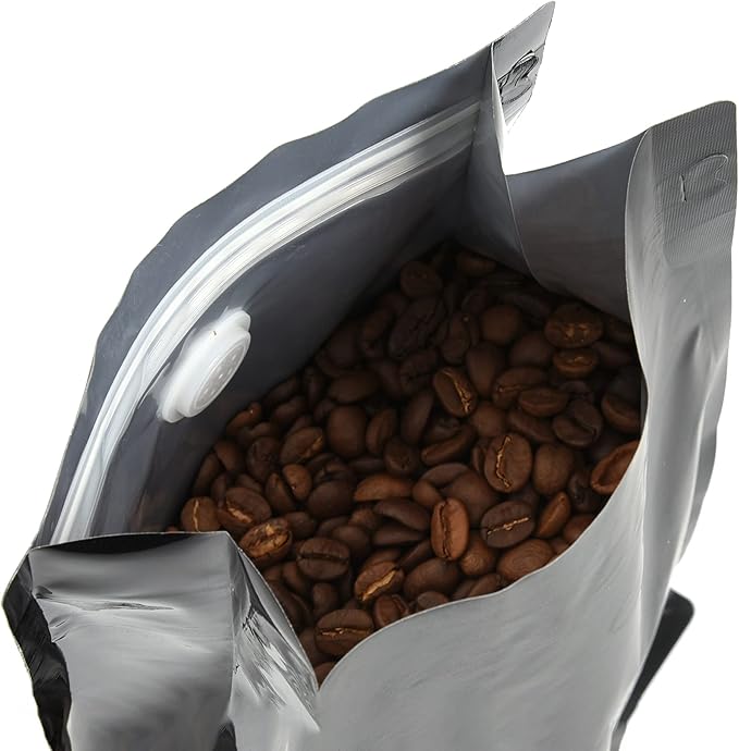 50 Pack Coffee Bags with Aluminum Foil and Degassing Valve, Resealable High Barrier Storage Bags, Odor-Proof for Coffee Beans, Stand Up Coffee Pouch, Flat Bottom (Medium-12OZ, Black)