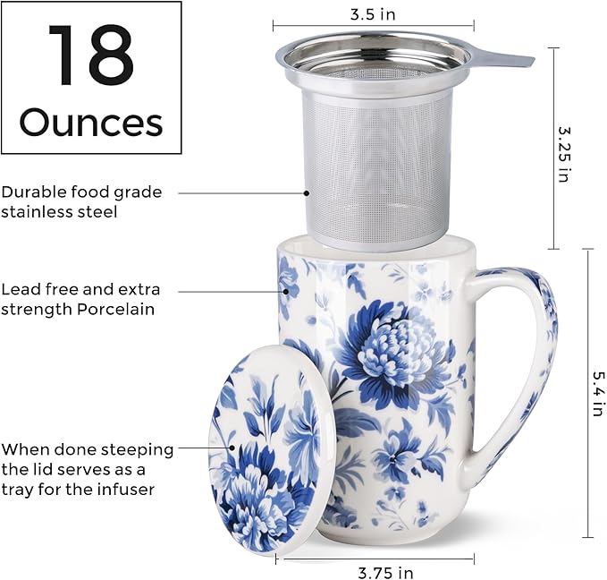 AmorArc Porcelain Tea Mug with Infuser and Lids, 18 Oz Coffee Cup Strainer with Bag Holder for Loose Leaf Tea, Steeping Coffee Mug for House-warming Wedding Birthday Gift