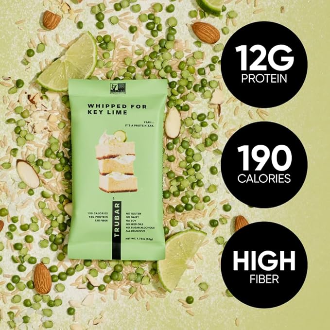 TRUBAR Vegan Protein Bar, Whipped for Key Lime, Gluten Free, Plant Based, High Fiber, Dairy Free, Low Fat, Non GMO, No Sugar Alcohols, 12G Lean Protein, 13G Fiber, Healthy Snack Bars, 12 CT