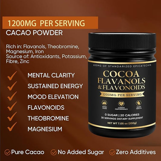 High Flavanol Cacao Powder, with 1200mg Flavanols & Epicatechin Blend for Supports Circulation, Energy Boost & Elevate Mood, Supports Heart Health & Brain Function, Gluten Free, Vegan, 200g