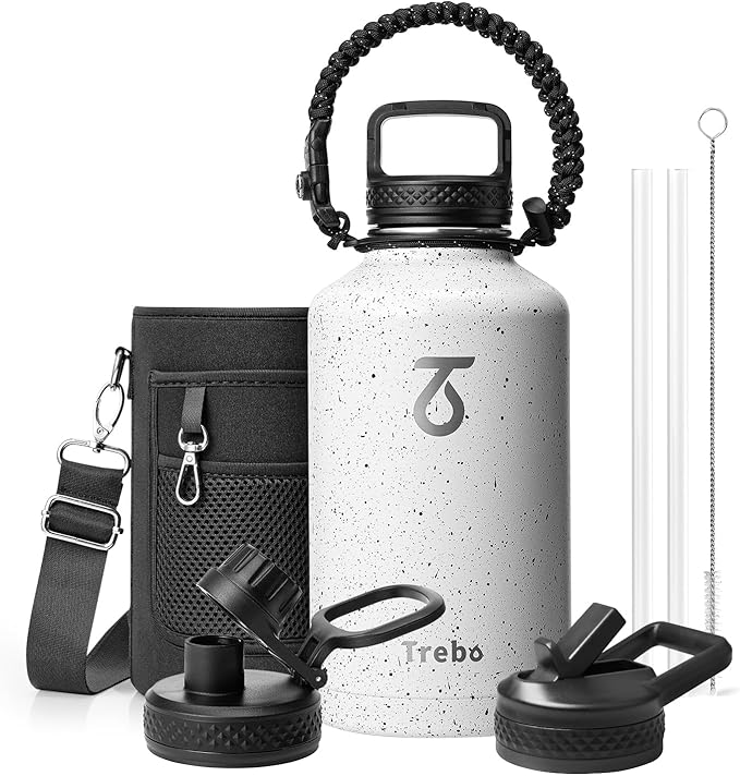 Trebo Water Bottle 64oz with Paracord Handle, Half Gallon Large Vacuum Double Wall Stainless Steel Insulated Water Jug with Holder Strap Straw Spout Lids, Leakproof Keep Cold & Hot,Starry White