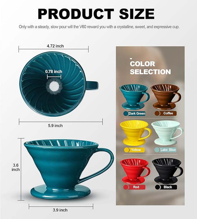 Pour Over Coffee Dripper - Ceramic Pour Over Coffee Maker Cone, Porcelain Coffee Drip, Pour Over Single Cup, Manual Brew Maker for Home, Cafe, Office - 1-4Cup, V60 Size 02 (Dark green)