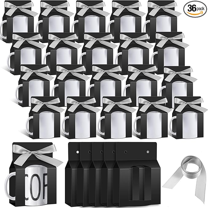 Kosiz 36 Pcs Mug Boxes Sublimation Coffee Mugs Gift Bags with Window Packaging Storage Box for Shipping Selling Wedding Valentines Gift Packaging Wrapping (for 11oz Mug,Black,Silver)