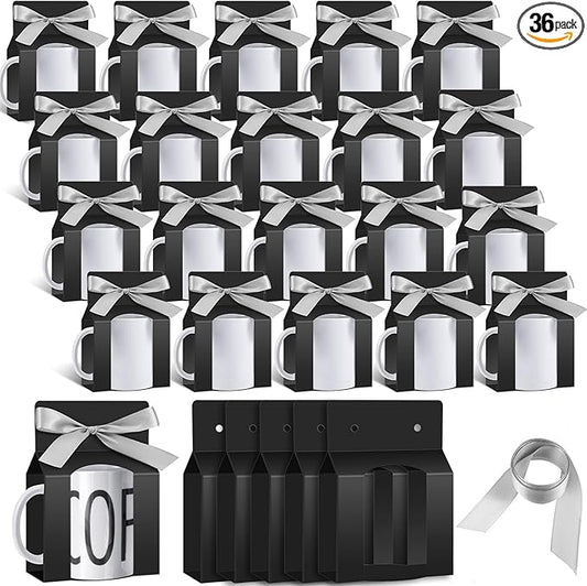 Kosiz 36 Pcs Mug Boxes Sublimation Coffee Mugs Gift Bags with Window Packaging Storage Box for Shipping Selling Wedding Valentines Gift Packaging Wrapping (for 11oz Mug,Black,Silver)