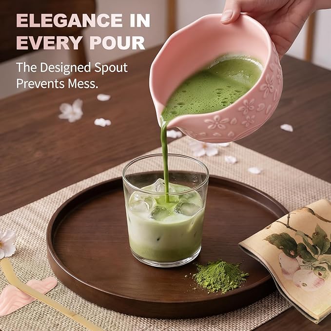SIMPLETaste Matcha Whisk Set, 7 Pcs Ceramic Matcha Kit Includes Bowl, Whisk and Holder, Bamboo Scoop, Scoop Rest, Sifter and Tea Towel - Matcha Kit for Macha Lovers (Pink)