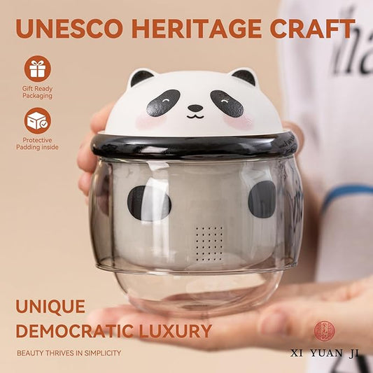 Panda Tea Cup with Infuser and Lid 10oz - Double-Wall Glass Mug with Ceramic Components, Cute Animal Design Loose Leaf Tea Gift for Birthday & Anniversary