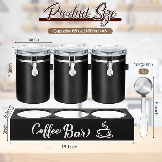 Domensi 3 x 66 oz Airtight Coffee Canisters with Shelf, Coffee Bean Storage Container 304 Stainless Steel Coffee Bean Storage with Airtight Locking Clamp and Scoop, Kitchen Food Storage Jar(Black)