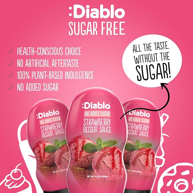 Diablo Strawberry Dessert Sauce | No Added Sugar | Gluten Free | Diabetic Friendly | Hamper Available - Perfect for Gifting | 355g 12.52oz