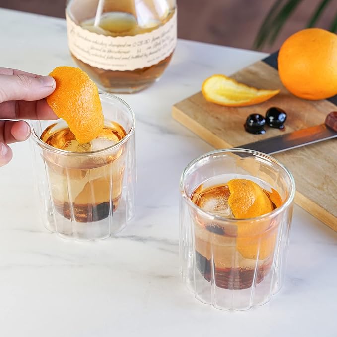 Viski Double Walled Rocks Glasses - Insulated Whiskey Tumblers with Cut Crystal Design - Dishwasher Safe 10.5oz Set of 2