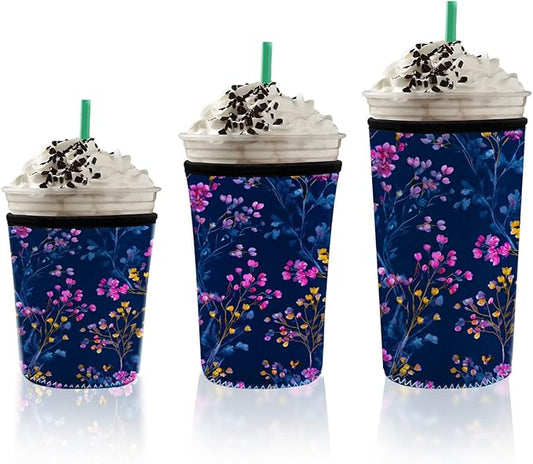 Elegant Flower Pattern Insulated Coffee Sleeve for Women Gifts Floral Navy Iced Coffee Sleeve Set of S/M/L 3-Pack Cups Sleeve
