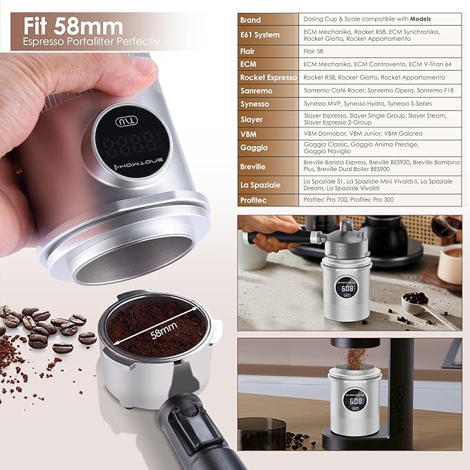 HOMTONE Dosing Cup & Coffee Scale Combo,One-touch Easy Control, Multi-Purpose for Espresso, Drip Coffee, French Press& More – Fits 58mm Portafilters, Waterproof & Easy Cleaning (silver)