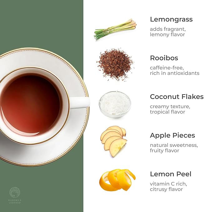 Blooms & Leopard Premium Herbal Tea Bags | The Laidback Elephant Blend | Rooibos, Apple, Lemongrass, Lemon Peel & Coconut Flakes | Caffeine-Free Herbal Infusion for Relaxation, Detox & Wellness | 20 Pyramid Tea Bags