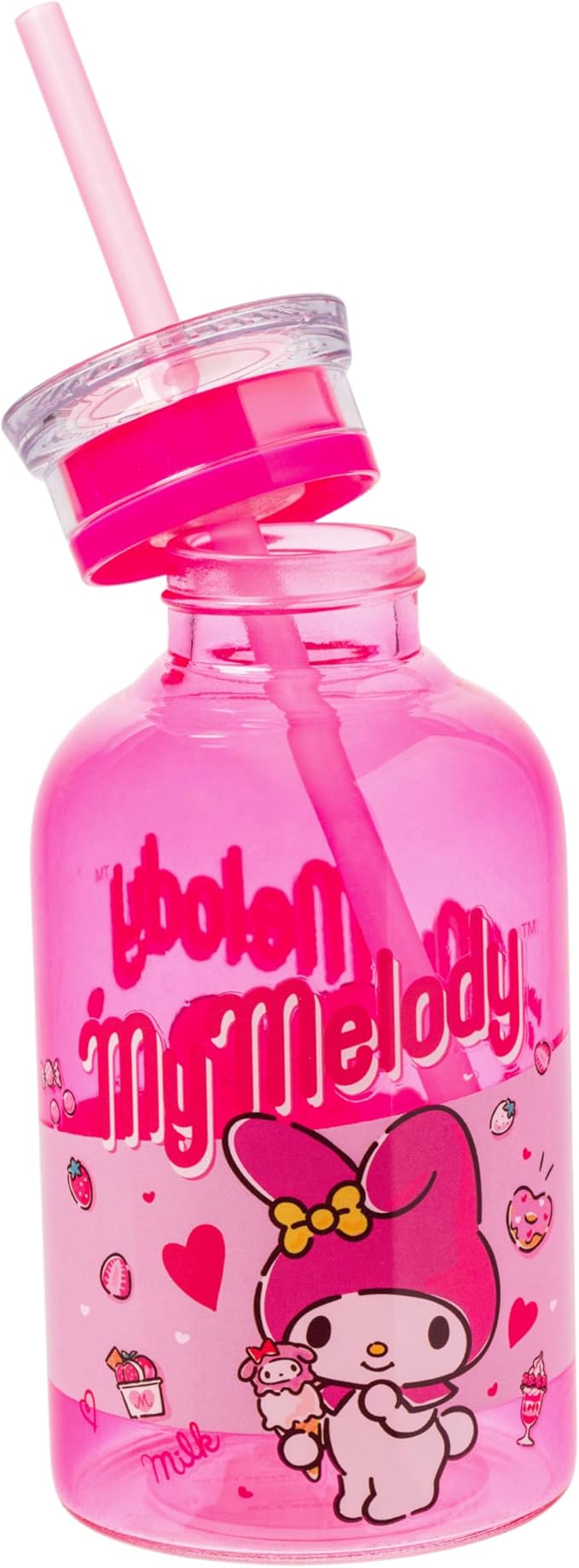 Silver Buffalo Sanrio Hello Kitty and Friends Featuring My Melody Strawberries Sweets Pink Glass Milk Bottle with Straw, 15 Ounces
