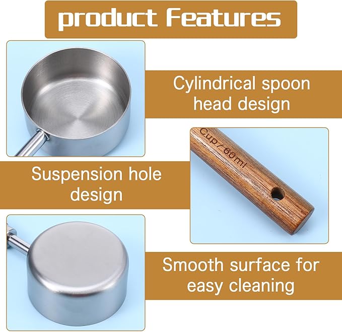 2 PCS Stainless Steel 1/4 Cup Scoop with Wooden Handle, Measuring Cups Metal Measuring Spoons and Cups 60 ML Dog Food Measurings Cup for Coffee, Kitchen, Cooking & Baking, Gold and Silver