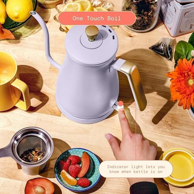 Electric Gooseneck Kettle 1 Liter 1200W, Stainless Steel, Pour Over Coffee Tea, Auto Shut-Off, 360° Cordless Power Base (Lavender)