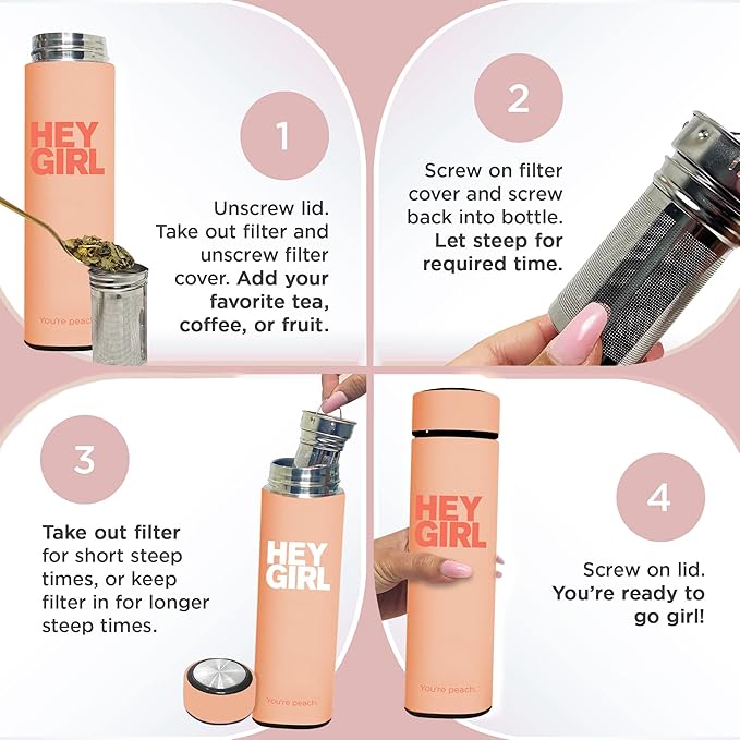 Hey Girl Tea Infuser Bottle 450ml - Insulated Stainless Steel Water Bottle - Tea Tumbler with Tea Diffuser - Portable Travel Mug for Loose Leaf Tea & Infused Water - Tea Lovers Gifts for Women