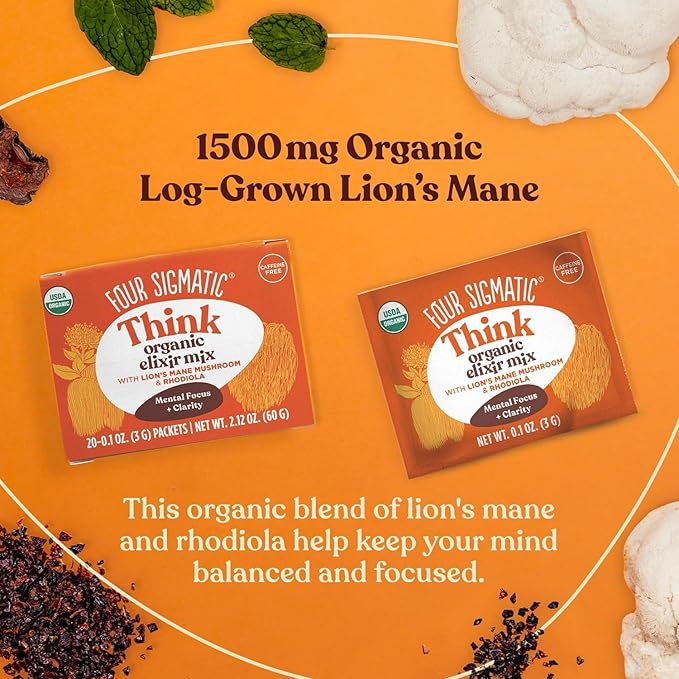 Four Sigmatic Lion's Mane Focus Elixir Mushroom Coffee Alternative | Organic Lion's Mane Mushroom Powder,Rhodiola & Rose Hips | Immune & Memory Support-| Paleo-|,20 Count (Pack of 2)