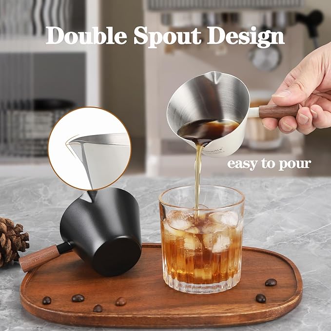 Mongdio 2 Pcs Espresso Measuring Cup, Stainless Steel Espresso Shot Cups with Wooden Handle and Double Spouts, 6.8OZ/200ML, Black
