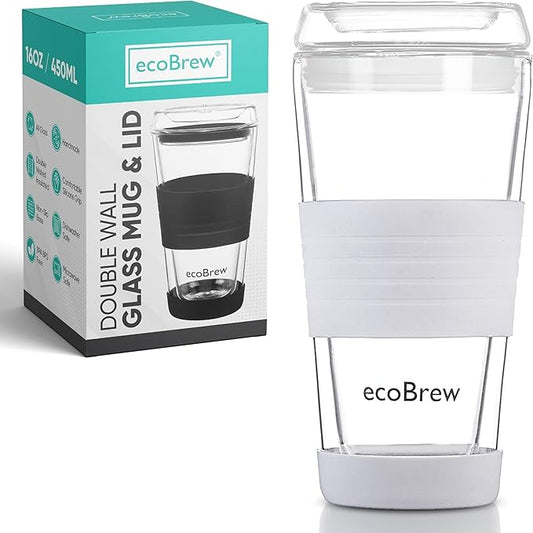 16oz Double Wall All Glass Tumbler with Lid, Dishwasher Safe & Microwavable Glass Travel Mug, Clear Coffee Tumbler To Go, Reusable Ceramic Cup for Hot & Cold Drinks