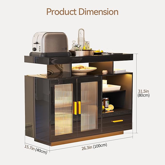 40" Wood LED Coffee Bar with Wireless Charging Station, Storage Coffee Bar Cabinet with 2 Doors and Shelves