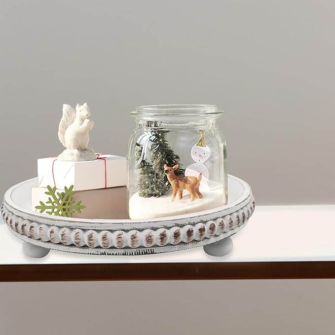 Decorative Tray: 12in White Round Wood Butler ServingTray Candle Holder Trays Vintage Centerpiece Farmhouse Ottoman Tray for Decor Countertop Home Decor Accessories