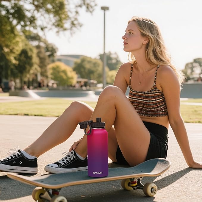 SASEUM Insulated Stainless Steel Water Bottles 32oz with Spout Lids Metal Vacuum Thermal Large Water Jug Leak-proof Reusable Flask for Sports Gym and Travel,Red-Purple