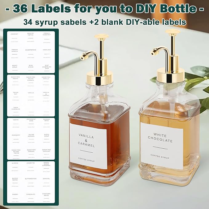 BathAce Coffee Syrup Dispenser for Coffee Bar, Clear Glass Syrup Bottles with Pump, Refillable Maple Syrup Storage, Coffee Station Accessories and Organizer, 500ml, Set of 2 (Gold)