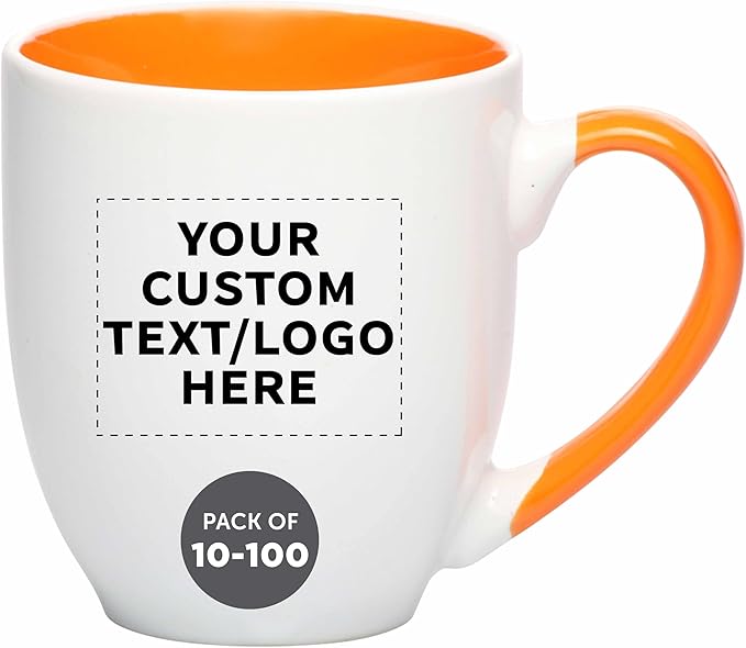 Custom Bistro Style Large Coffee Mugs 16 oz. Set of 10/50/100, Personalized Bulk Pack - Perfect for Coffee, Tea, Espresso, Hot Cocoa, Other Beverages - Orange