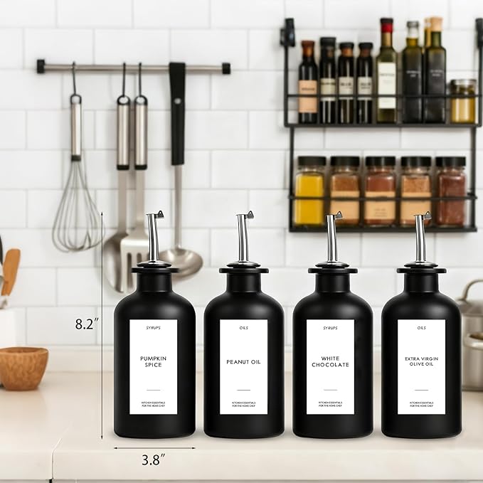 4PCS Olive Oil Dispenser Bottle For Kitchen, Soy Sauce Dispenser w. Labels, Glass Oil and Vinegar Dispenser Set, Coffee Syrup Dispenser，Cooking Oil Dispenser (Black,12OZ)