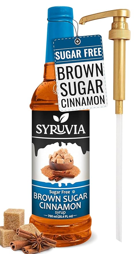 Syruvia Sugar-Free Brown Sugar Cinnamon Syrup for Coffee, Great for Drinks, Shakes, Smoothies and Cocktails - 25.4 fl oz, Kosher, 100% Vegan, Gluten-Free, No-Calorie, With Pump