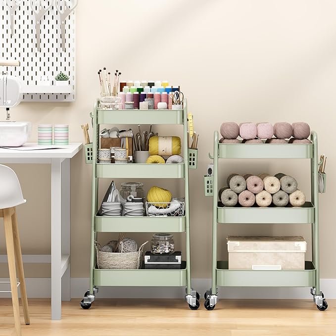 TOOLF 4 Tier Rolling Cart with Pegboard, Metal Storage Organizer Cart with Wheels, Hooks & Bins Esthetician Craft Art Sturdy Storage for Bathroom, Kitchen, Office, Nursery Diaper