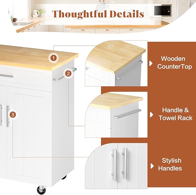 JY QAQA 26" Kitchen Island on Wheels with Storage Cabinet Kitchen Cart Cabinet with Shelves, Cart Handle for Towel Rack or Free Mobility, Portable Islands for Kitchen,White