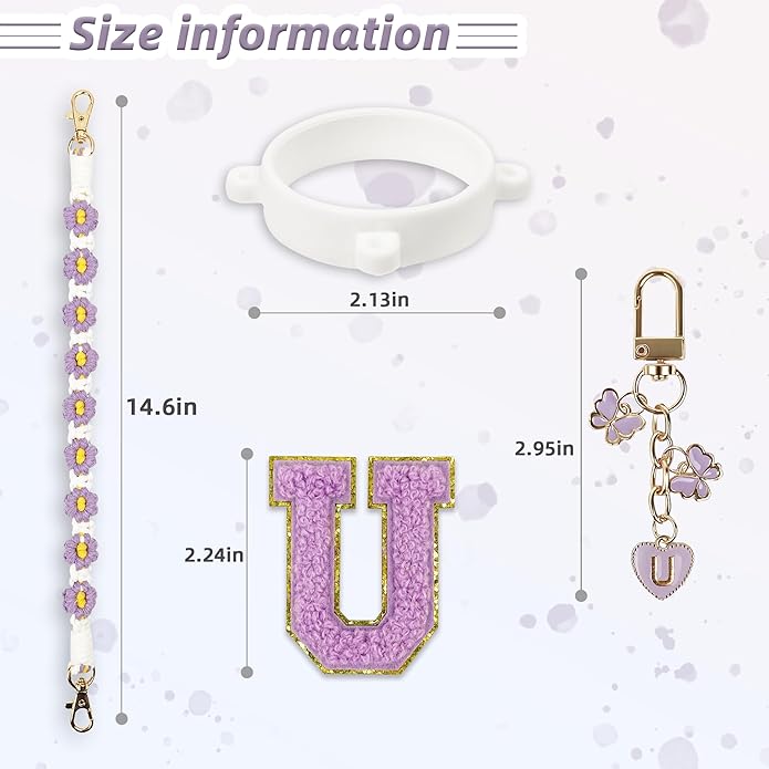 Compatible with Owala Water Bottle Accessories, Cute Letter Charm Set with Boho Handle Strap, Monogram Sticker, Silicone Ring, Keychain Decoration, for FreeSip 24 32 40oz, Owala Kids, Tumbler Gift
