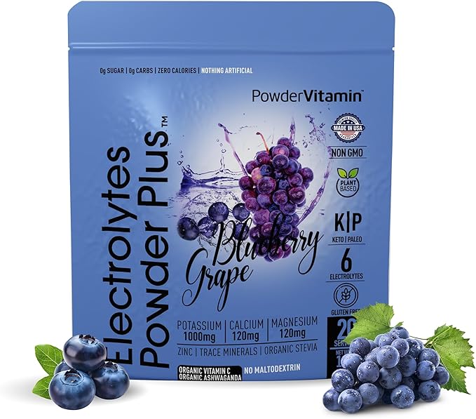 PowderVitamin Electrolytes Powder Plus (20 Servings) Blueberry Grape Electrolyte Powder Zero Calorie Keto,0 Sugar, No Maltodextrin,1000mg Potassium,120mg Calcium,120mg Magnesium, Pink Himalayan Salt