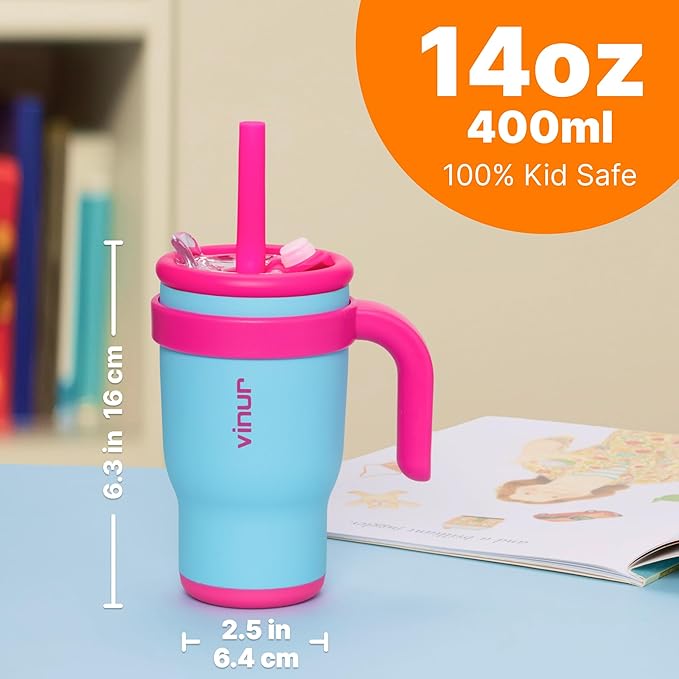 VINUR Kids Tumbler with Handle and Straw Lid-14 oz Stainless Steel Vacuum Insulated Leak Proof Travel Tumbler with Rubber Base-Gifts for Girls, Sky Blue